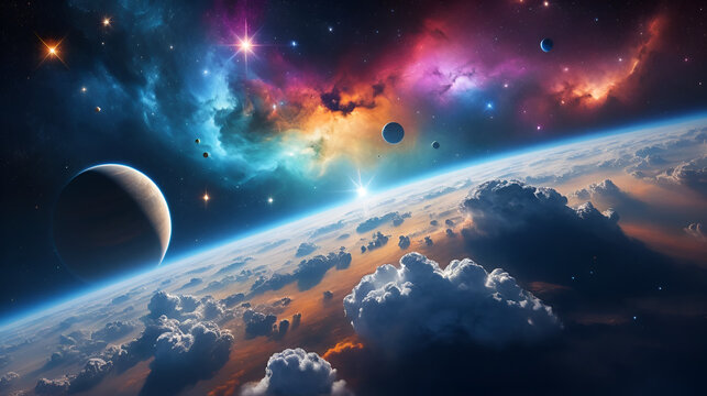 Cinematic view of deep space clouds with sparkling clusters and colorful ionized gases. - Powered by Adobe