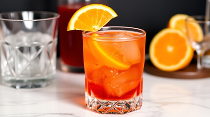 Elegant Classic Boulevardier Cocktail in Rocks Glass with Citrus Twist.