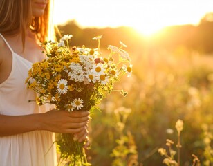 woman holding bouquet of wildflowers