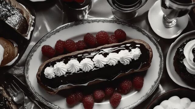 An enticing French eclair pastry filled with rich chocolate, adorned with whipped cream and fresh raspberries on a plate.