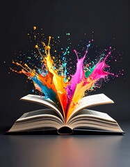 An open book with vibrant paint splashes representing creativity and imagination.