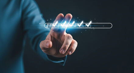 Hand Touching Digital Checklist: Business Concept of Task Management, Project Planning, and Productivity with Glowing Checkmarks on Progress Bar