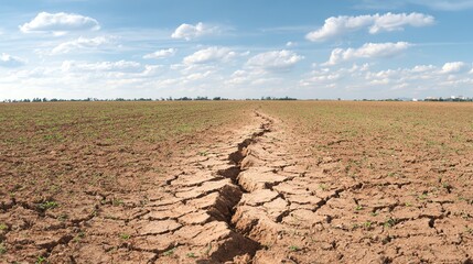 Dry, cracked earth under a partly cloudy sky, depicting drought and severe soil dehydration in a barren landscape.