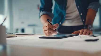 A person uses a stylus on a digital tablet, focusing on creative or professional work in a modern, well-lit office setting.