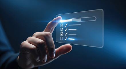 Digital Checklist Concept: Hand Interacting with Virtual Checkbox Interface, Progress Bar and Tick Marks for Business Process and Task Management