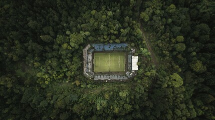 Aerial view of a soccer stadium surrounded by dense forest, showcasing the contrast between nature and sports infrastructure.