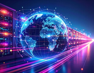 Global network connecting data centers with glowing lines. A digital globe is centered in a path of vibrant light streaks, surrounded by rows of server racks