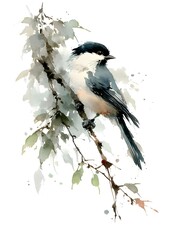 Obraz premium A watercolor painting depicts a black capped chickadee perched gracefully on a delicate tree branch artfully.