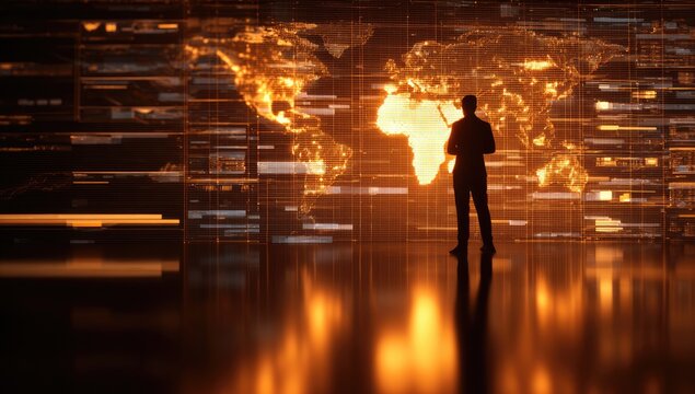 Silhouette figure observing glowing world map projection