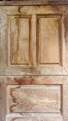 Rustic wooden door with panel design and visible age, Worn wooden door with symmetrical paneling...