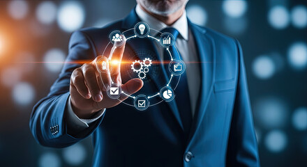 Business Technology Concept: Businessman Touching Digital Interface with Icons Representing Teamwork, Strategy, Innovation, and Data Analysis.