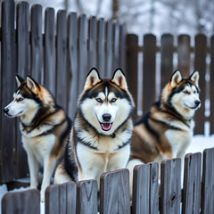 Group of siberian husky dogs sitting in a wooden fence
