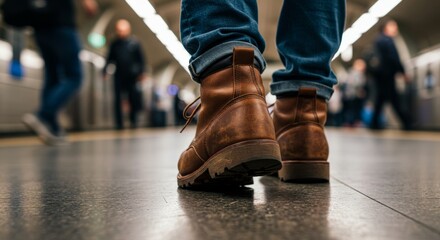 Low angle view of the traveler's feet with leather boots at train station