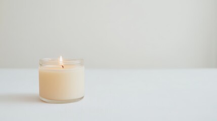 Lit Candle in Glass Jar on White Surface