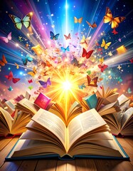 An explosion of colorful butterflies emerging from open books, symbolizing imagination.