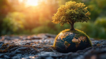 Small tree growing on planet earth at sunset, symbolizing environmental protection and care for nature