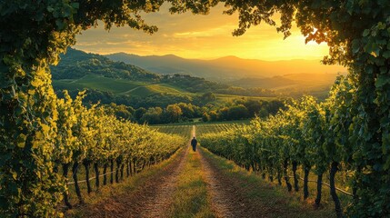 Farmer walking through beautiful vineyard rows during a stunning sunset in tuscany, italy