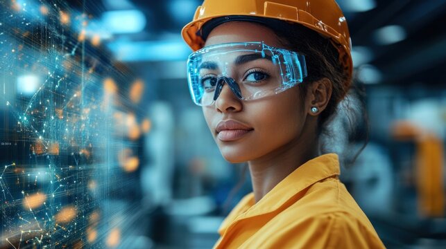 a futuristic worker in protective gear with advanced technology interface showcases the integration of data systems in industrial operations and the importance of safety measures - Powered by Adobe