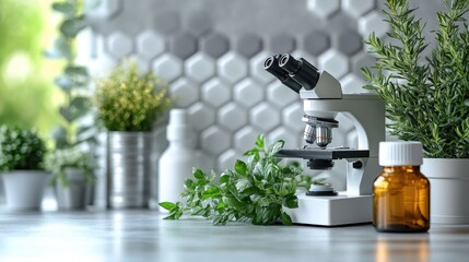 Microscope is analyzing medicinal herbs for developing natural remedies and exploring alternative medicine