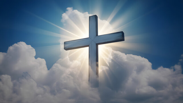 Serene depiction of a Christian cross shining amidst fluffy clouds under a bright blue sky representing faith, hope, and spirituality.