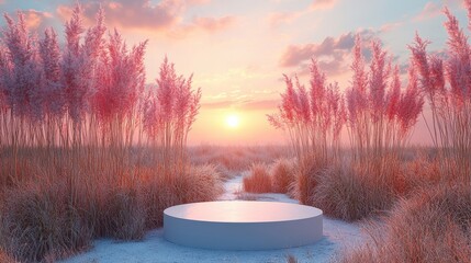 White podium displaying products in a field of pink pampas grass during a beautiful sunset