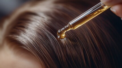 A close up shot of a dropper applying golden oil to brown hair for hair care and treatment routine