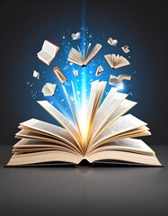 An open book emits light and floating pages, symbolizing knowledge and creativity.