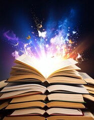 An open book radiating vibrant colors, symbolizing imagination and knowledge.