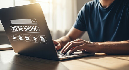 We're Hiring Concept: Man Using Laptop for Job Search and Recruitment, Online Job Application, Employment Opportunity, and Career Website Concept