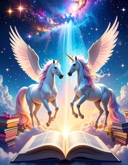 Magical unicorns soar above an open book under a cosmic sky, inspiring imagination.