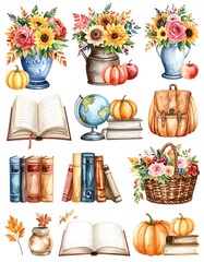 Beautiful floral arrangements with pumpkins, books, and autumnal elements.