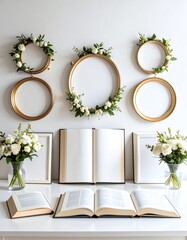 Elegant decor featuring books and floral arrangements in a stylish setting.