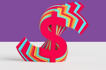 Colored dollar sign with glitch effect on purple background. 3d rendering illustration