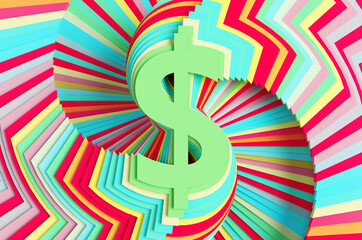 Colored dollar sign with glitch effect on purple background. 3d rendering illustration