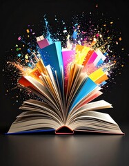 An open book bursting with vibrant colors and creativity, symbolizing imagination.