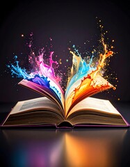 An open book with colorful splashes symbolizing creativity and imagination.