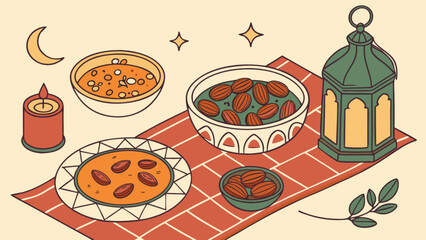 Ramadan kareem iftar dinner with dates and lantern illustration