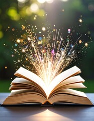 An open book radiating light and sparkles, symbolizing knowledge and imagination.