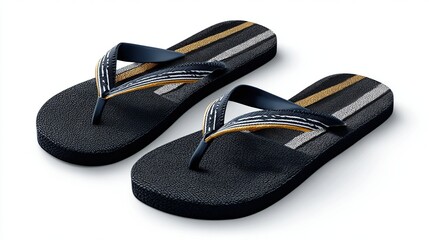 A pair of flip-flops with striped soles sit angled against a white background