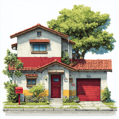 8-bit pixel art isolated suburban house with garage and red door, modern exterior ideal for casual or simulation games