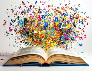 An open book bursts with colorful letters, symbolizing creativity and knowledge.
