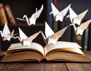 An open book with origami cranes representing creativity and imagination.