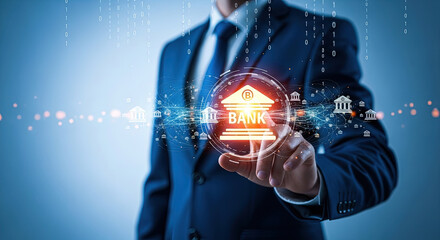 Innovative Banking Solutions: Businessman Touching Digital Bank Icon with Data Stream, Modern Finance, Online Transactions, and Secure Investment Concept