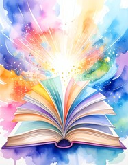 An open book releasing vibrant colors and light, symbolizing knowledge and creativity.