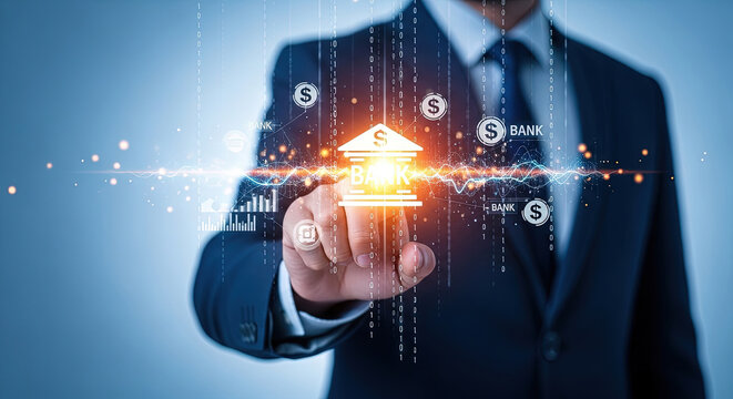 Digital Banking Innovation: Businessman Touching Virtual Bank Icon for Secure Online Transactions and Financial Technology Solutions (148 chars)