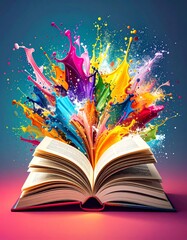 An open book with colorful paint splashes, representing creativity and imagination.