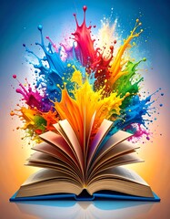 An open book exploding with vibrant colors, symbolizing creativity and imagination.