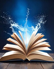 An open book splashing water with a blue background, symbolizing creativity and knowledge.