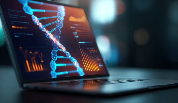 Laptop screen displaying DNA structure and data graphics