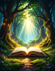 A mystical scene of an open book in a vibrant enchanted forest illuminated by sunlight.